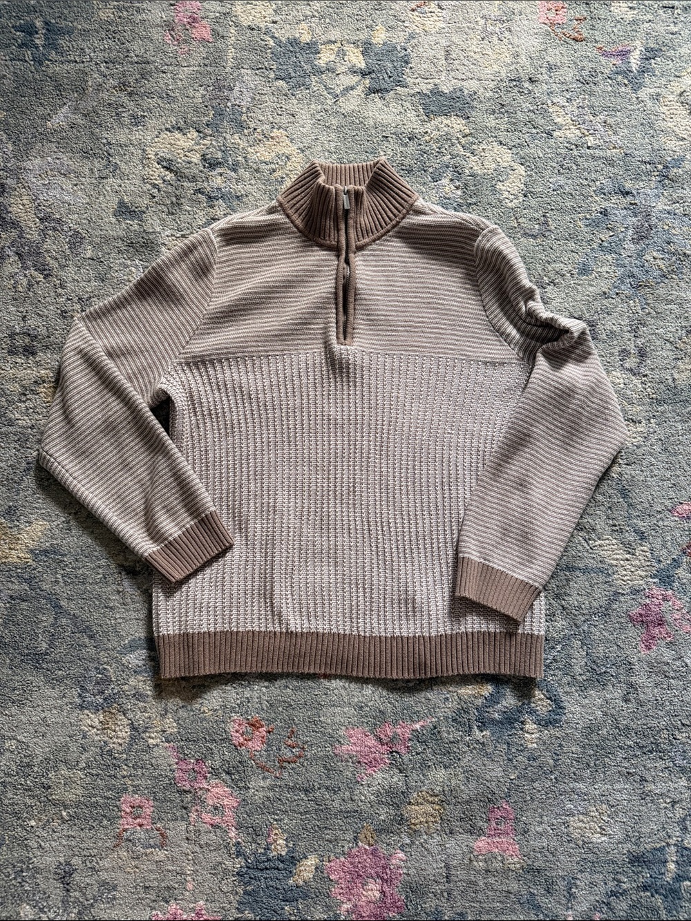 100% Cotton Women's Taupe Half-Zip Ribbed Sweater